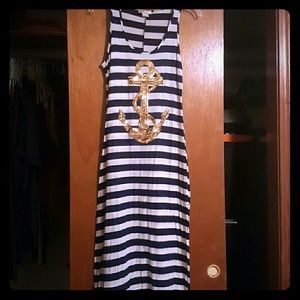 Nautical striped maxi dress w/sequin gold anchor